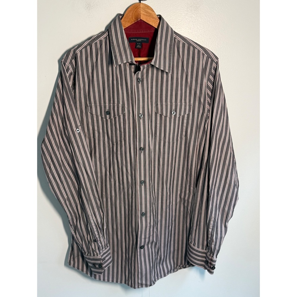 Banana Republic Slim Fit Striped Button Down Shirt Mens Large L Grey Burgundy